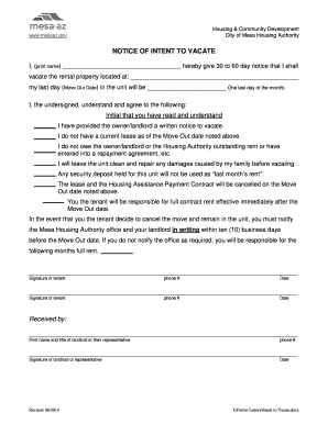 Notice of Intent to Vacate