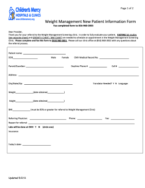 Weight Management New Patient Information Form
