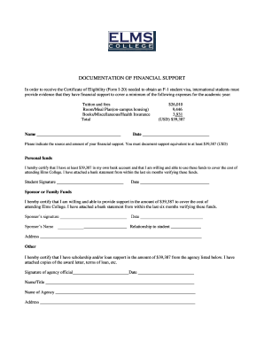Elms College Financial Support Form