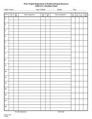 West Virginia Child Care Attendance Sheet