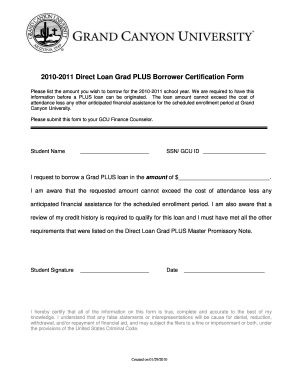 2010-2011 Direct Loan Grad PLUS Borrower Certification Form