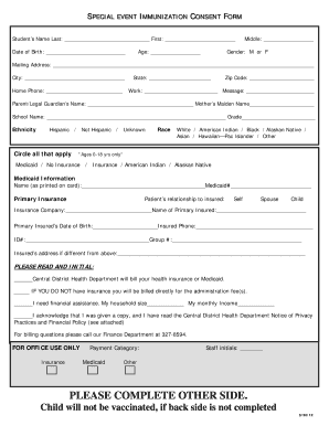 Special Event Immunization Consent Form
