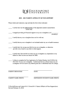 2010-2011 Parent Affidavit of Non-Support