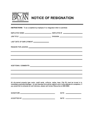 Format for resignation letter - Notice of resignation - City of Bryan, Texas