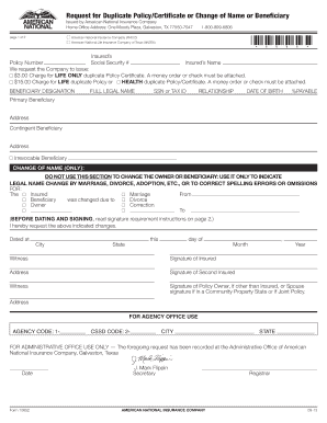 Request for Duplicate Policy or Change of Name or Beneficiary