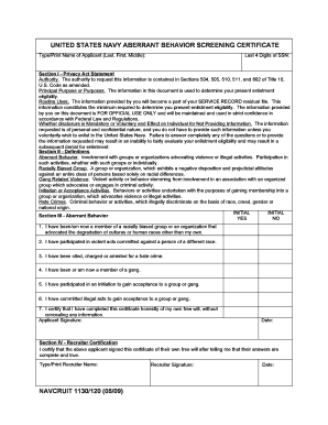 US Navy Aberrant Behavior Screening Certificate