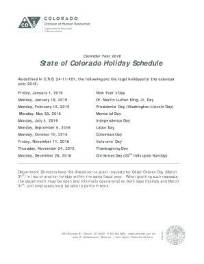 Holiday Calendar Year 2016 - Colorado.gov - colorado