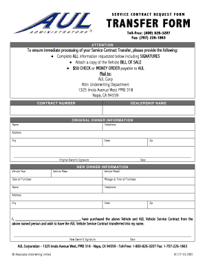 AUL Vehicle Service Contract Transfer Form
