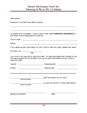 Parent Permission Form for Viewing PG or PG-13 Videos