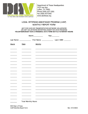 Local Veterans Assistance Program Monthly Report Form