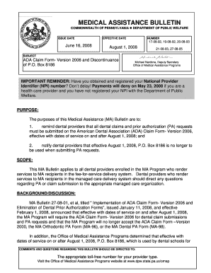 Fillable Online ADA Claim Form Version 2006 and Discontinuance Fax ...