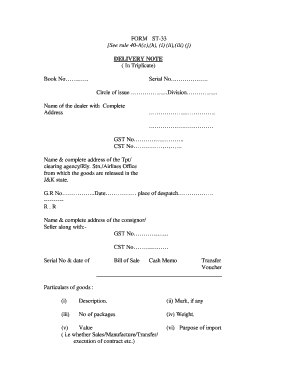 Jammu and Kashmir Delivery Note Form ST-33