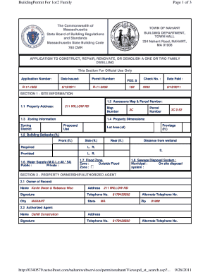 Massachusetts Building Permit for 1 or 2 Family Dwelling
