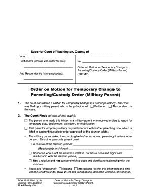 Order on Motion for Temporary Change to Parenting/Custody Order (Military Parent)