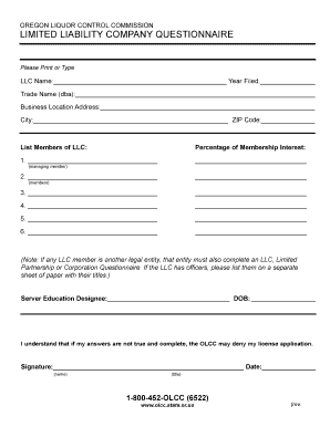 Oregon LLC Questionnaire