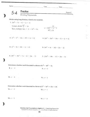Dividing Polynomials Practice Form K