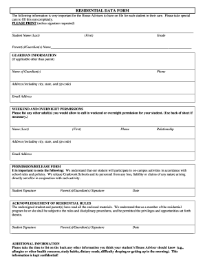 Residential Student Data Form