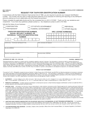 NRC Form 531 Request for Taxpayer Identification Number
