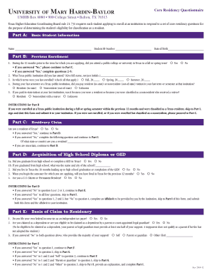 University of Mary Hardin-Baylor Core Residency Questionnaire
