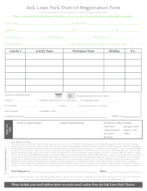 Oak Lawn Park District Registration Form