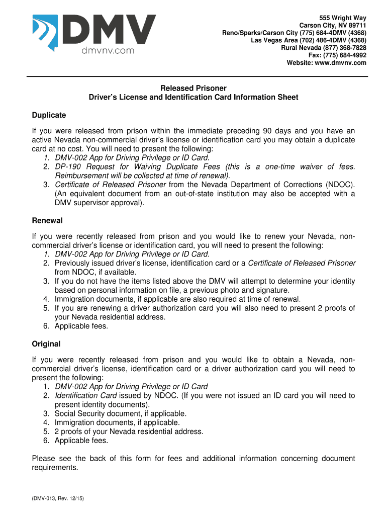 Fillable Online dmv nv DMV 013 Released Prisoner Drivers License and