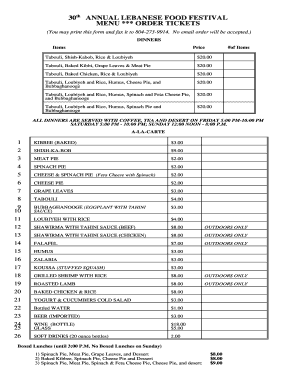 Lebanese Food Festival Dinner Order Form