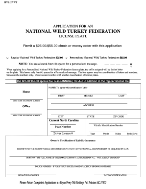 North Carolina National Wild Turkey Federation License Plate Application