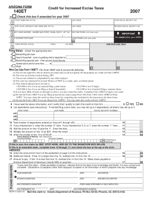 Arizona Form 140ET Credit for Increased Excise Taxes