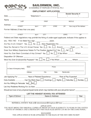 Popeyes Sailormen Employment Application