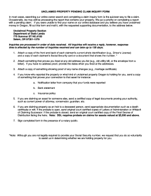 Oregon Unclaimed Property Pending Claim Inquiry Form