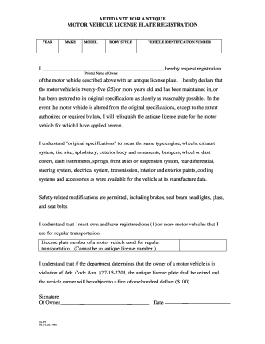 Affidavit for Antique Motor Vehicle License Plate Registration