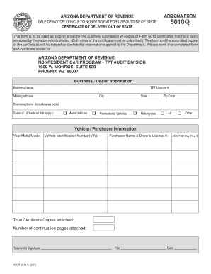 Arizona Form 5010Q Certificate of Delivery Out of State