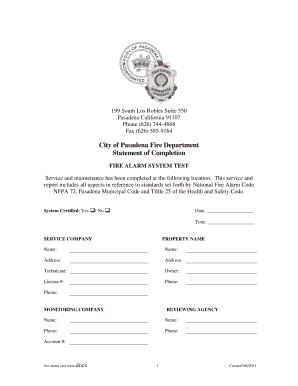 Fire Alarm System Completion Statement