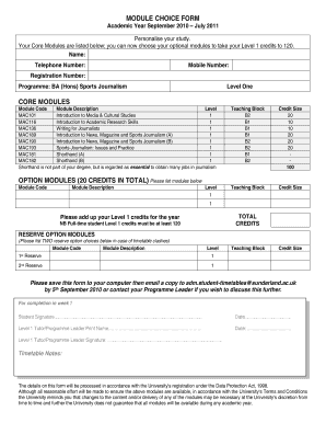 University Module Choice Form
