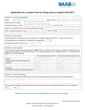 Application for a student loan for living costs in session 2016-2017