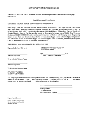 Mortgage satisfaction letter sample - Court of Sumter County, Florida, securing a note in the original principal sum of