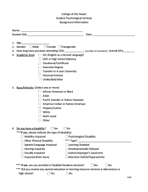 College of the Desert Student Psychological Services Form