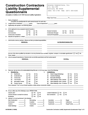 Construction Contractors Liability Supplemental Questionnaire