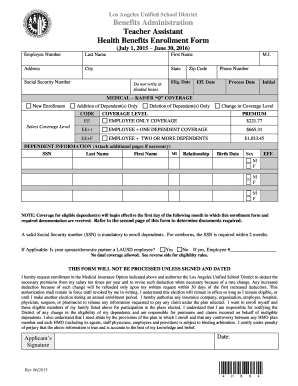 Teacher Assistant Health Benefits Enrollment Form