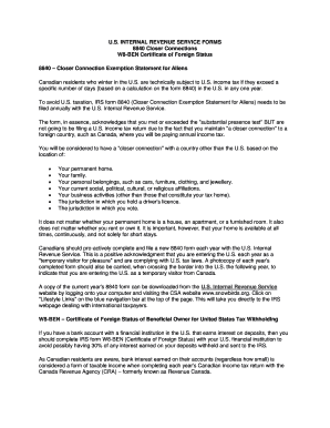 IRS Form 8840 Closer Connection Exemption Statement