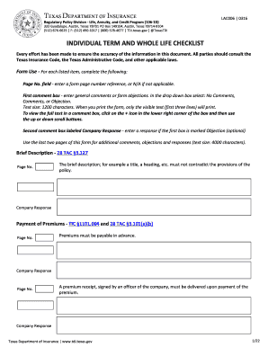 Texas Individual Term and Whole Life Checklist