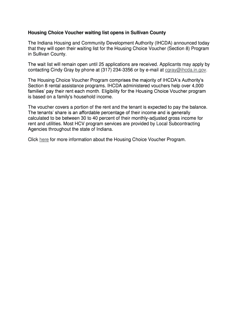 Fillable Online in Housing Choice Voucher waiting list opens in