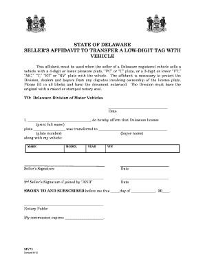 Delaware Seller's Affidavit for Low-Digit Tag Transfer