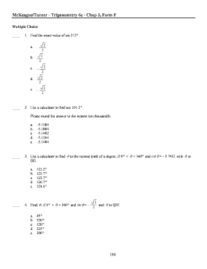 Trigonometry Chapter 3 Multiple Choice Test