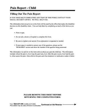 Child Pain Report Form SSA-3371-BK