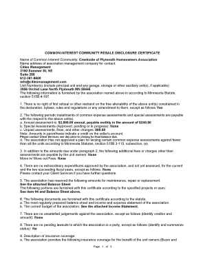 Common Interest Community Resale Disclosure Certificate