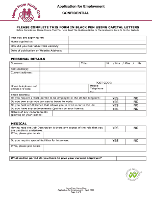 Home from Home Care Employment Application