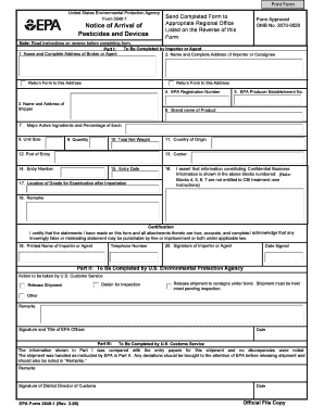 EPA Form 3540-1 Notice of Arrival of Pesticides and Devices