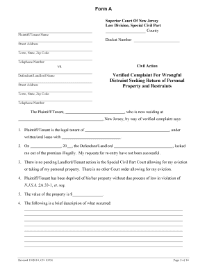 New Jersey Unlawful Entry & Wrongful Distraint Application