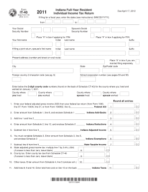 Indiana IT-40 2011 Full-Year Resident Tax Return